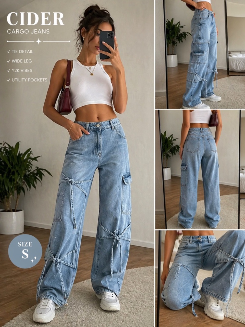 Cider Light Blue Wide-Leg Cargo Jeans with Tie Details